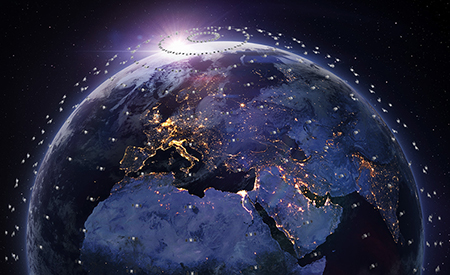 LEO Satalites Over Earth With Flare At Pole LEO Satalites Over Earth With Flare At Pole